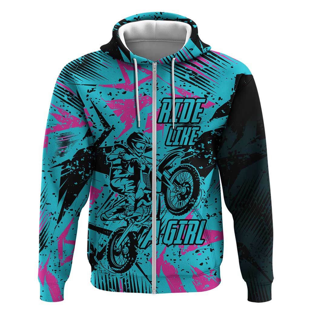 Personalized Ride Like a Girl Zip Hoodie Motocross Graphic and Turquoise Pink Graffiti Design - Wonder Print Shop