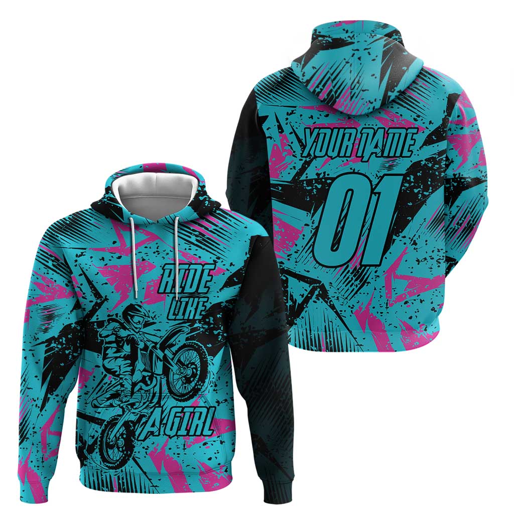 Personalized Ride Like a Girl Zip Hoodie Motocross Graphic and Turquoise Pink Graffiti Design - Wonder Print Shop
