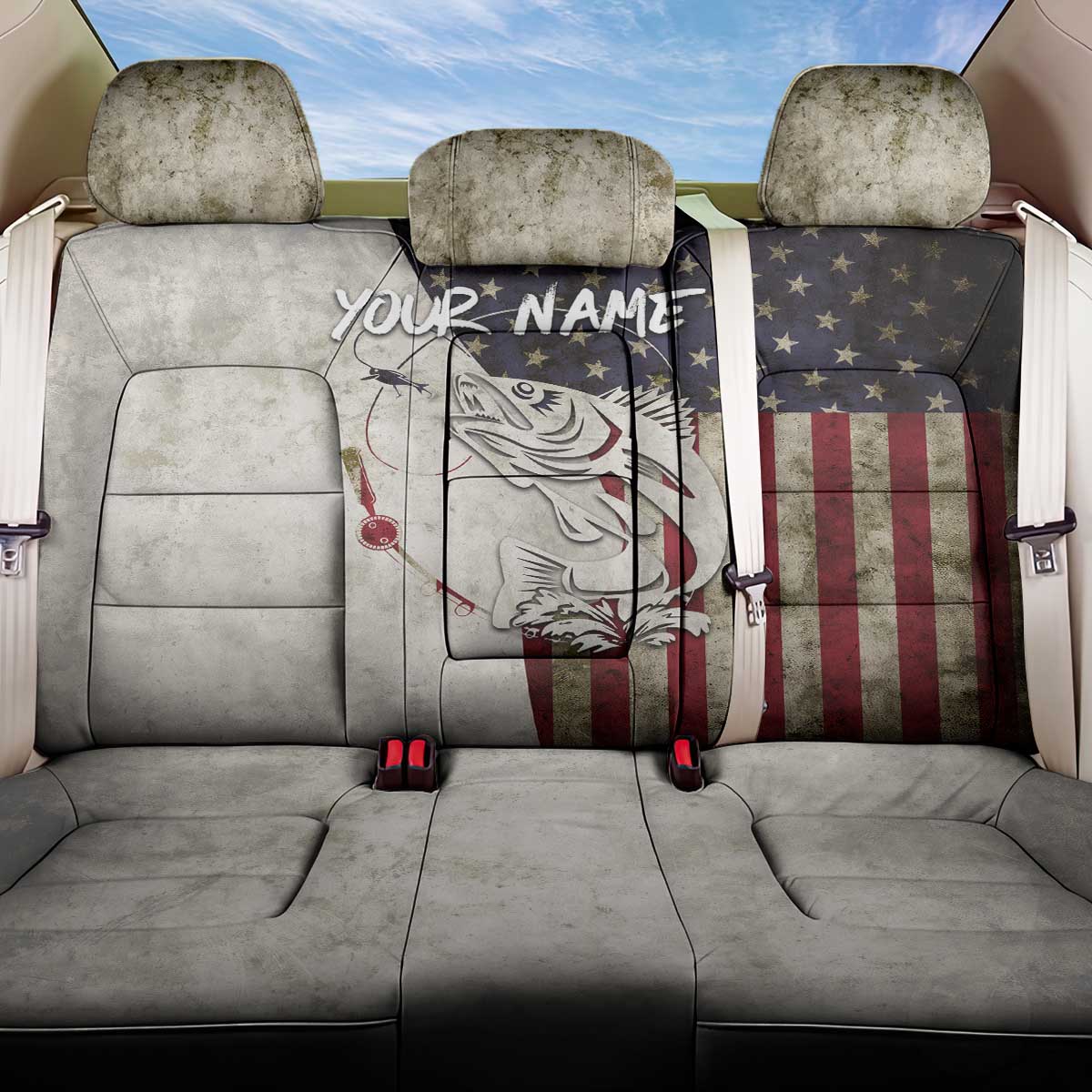 Walleye Fishing Back Car Seat Cover American Flag Vintage Design and Custom Name Option - Wonder Print Shop