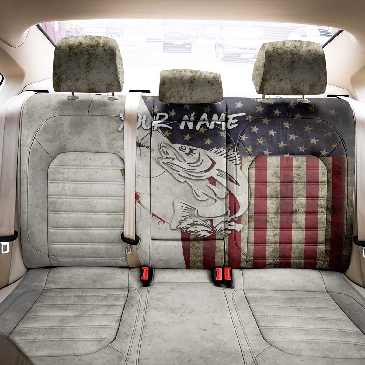 Walleye Fishing Back Car Seat Cover American Flag Vintage Design and Custom Name Option - Wonder Print Shop