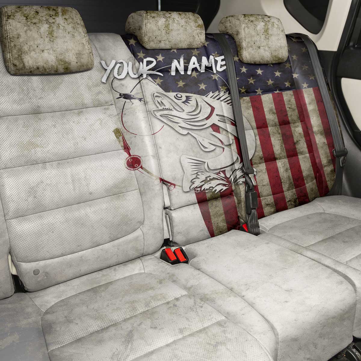 Walleye Fishing Back Car Seat Cover American Flag Vintage Design and Custom Name Option - Wonder Print Shop