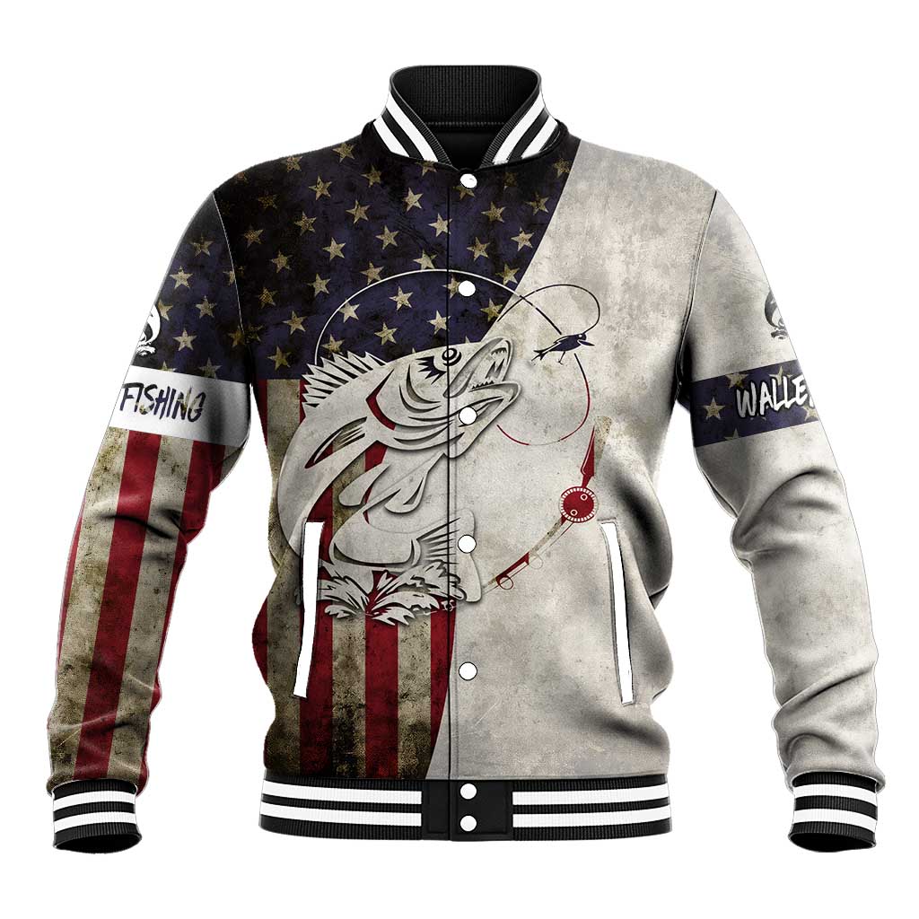 Walleye Fishing Baseball Jacket American Flag Vintage Design and Custom Name Option - Wonder Print Shop