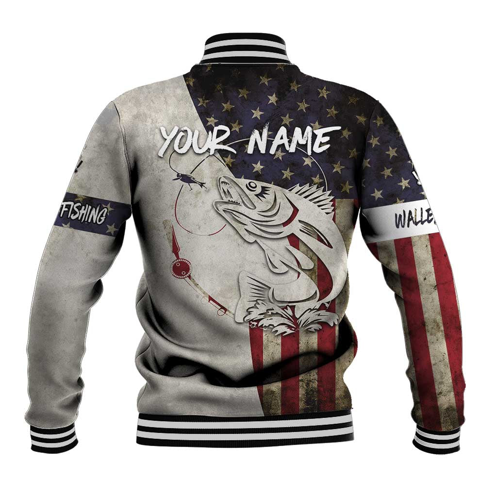 Walleye Fishing Baseball Jacket American Flag Vintage Design and Custom Name Option - Wonder Print Shop