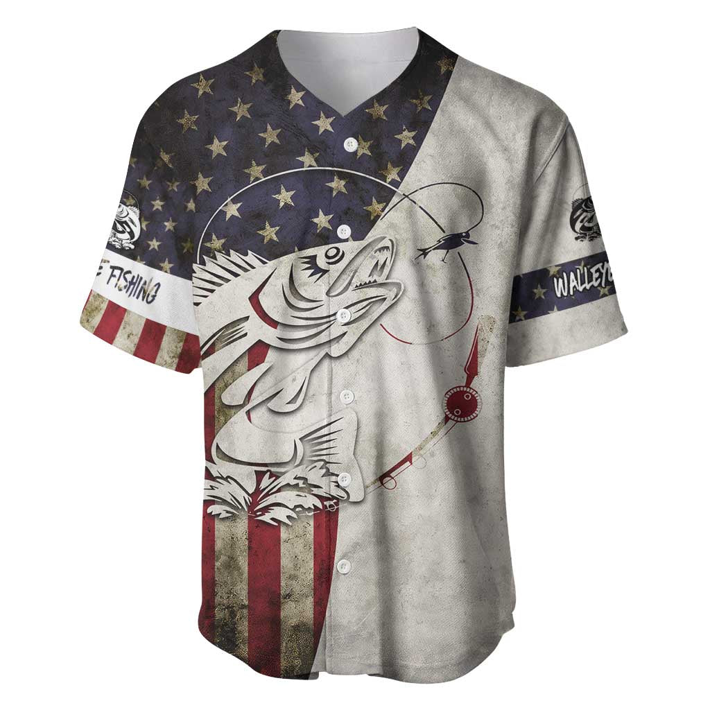 Walleye Fishing Baseball Jersey American Flag Vintage Design and Custom Name Option - Wonder Print Shop