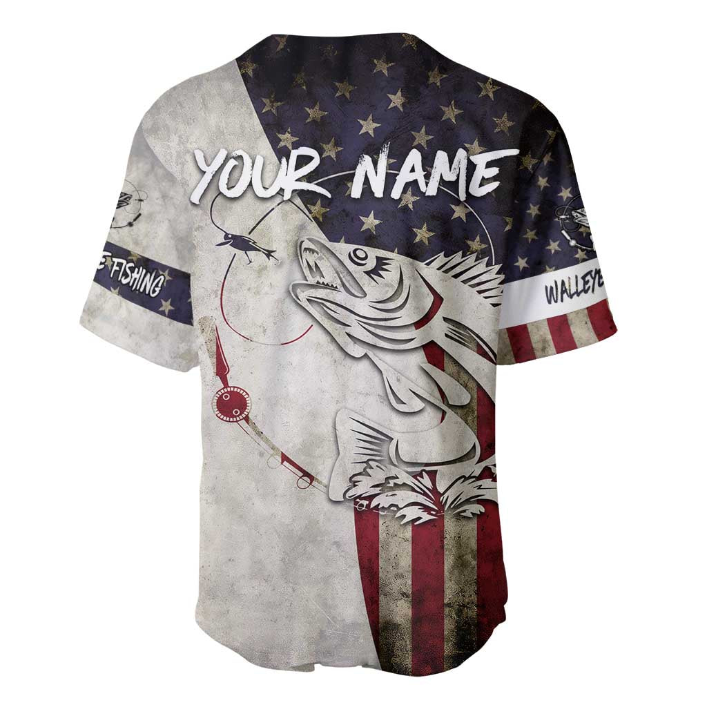 Walleye Fishing Baseball Jersey American Flag Vintage Design and Custom Name Option - Wonder Print Shop