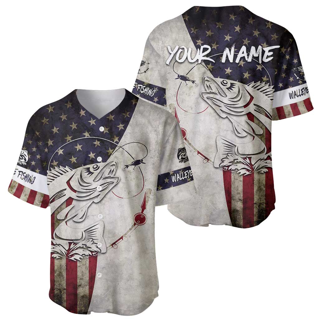 Walleye Fishing Baseball Jersey American Flag Vintage Design and Custom Name Option - Wonder Print Shop