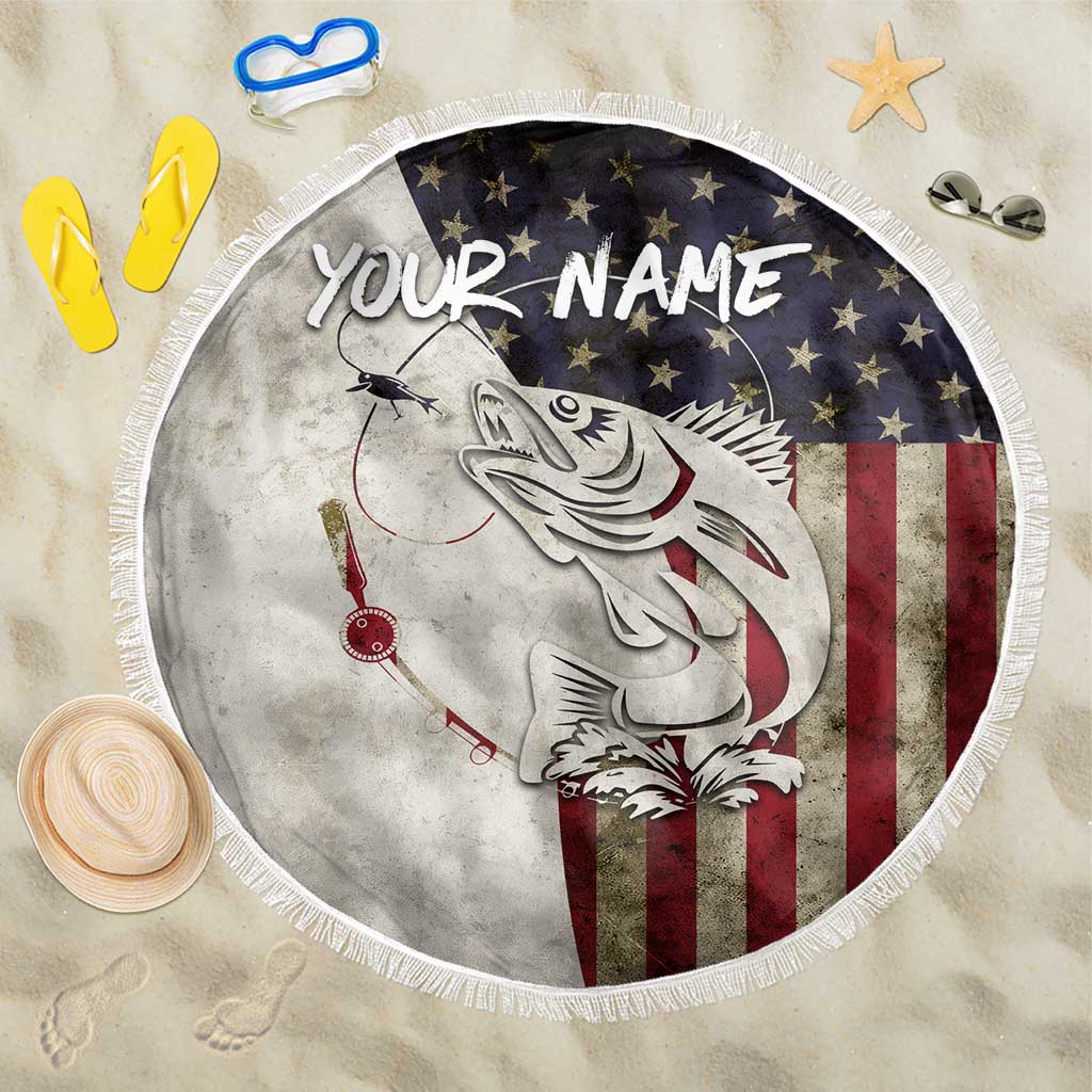 Walleye Fishing Beach Blanket American Flag Vintage Design and Custom Name Option - Wonder Print Shop