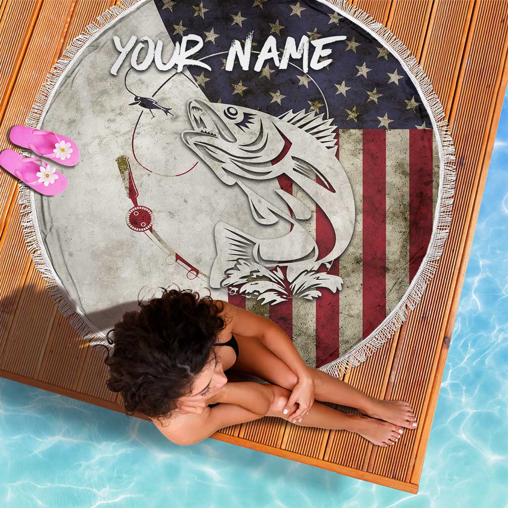 Walleye Fishing Beach Blanket American Flag Vintage Design and Custom Name Option - Wonder Print Shop