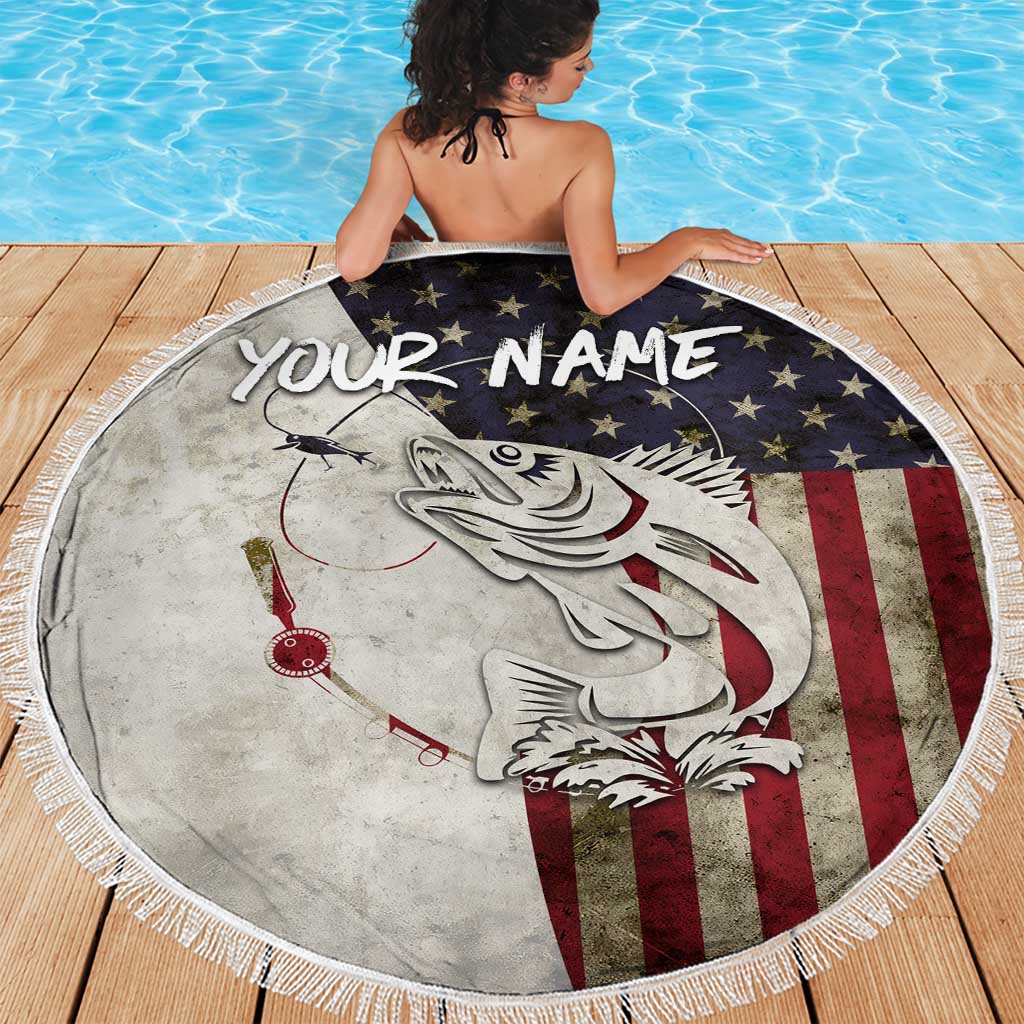 Walleye Fishing Beach Blanket American Flag Vintage Design and Custom Name Option - Wonder Print Shop