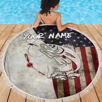 Walleye Fishing Beach Blanket American Flag Vintage Design and Custom Name Option - Wonder Print Shop