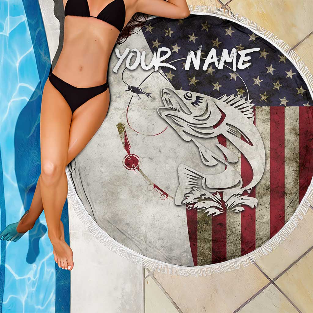 Walleye Fishing Beach Blanket American Flag Vintage Design and Custom Name Option - Wonder Print Shop