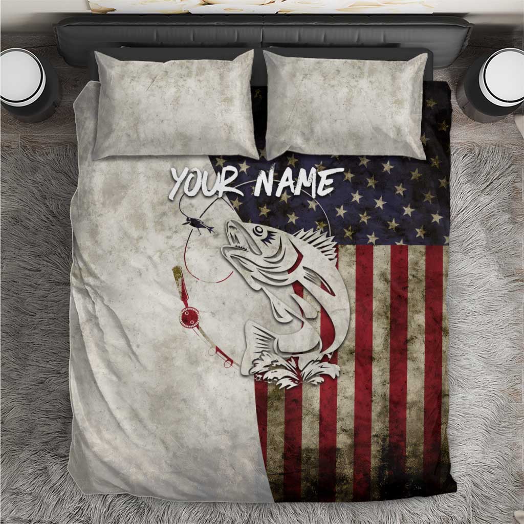 Walleye Fishing Bedding Set American Flag Vintage Design and Custom Name Option - Wonder Print Shop