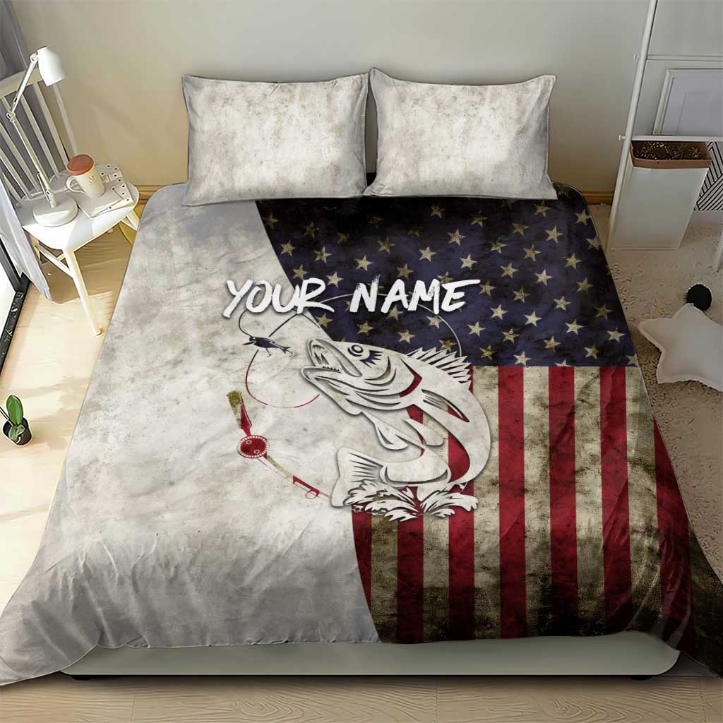 Walleye Fishing Bedding Set American Flag Vintage Design and Custom Name Option - Wonder Print Shop