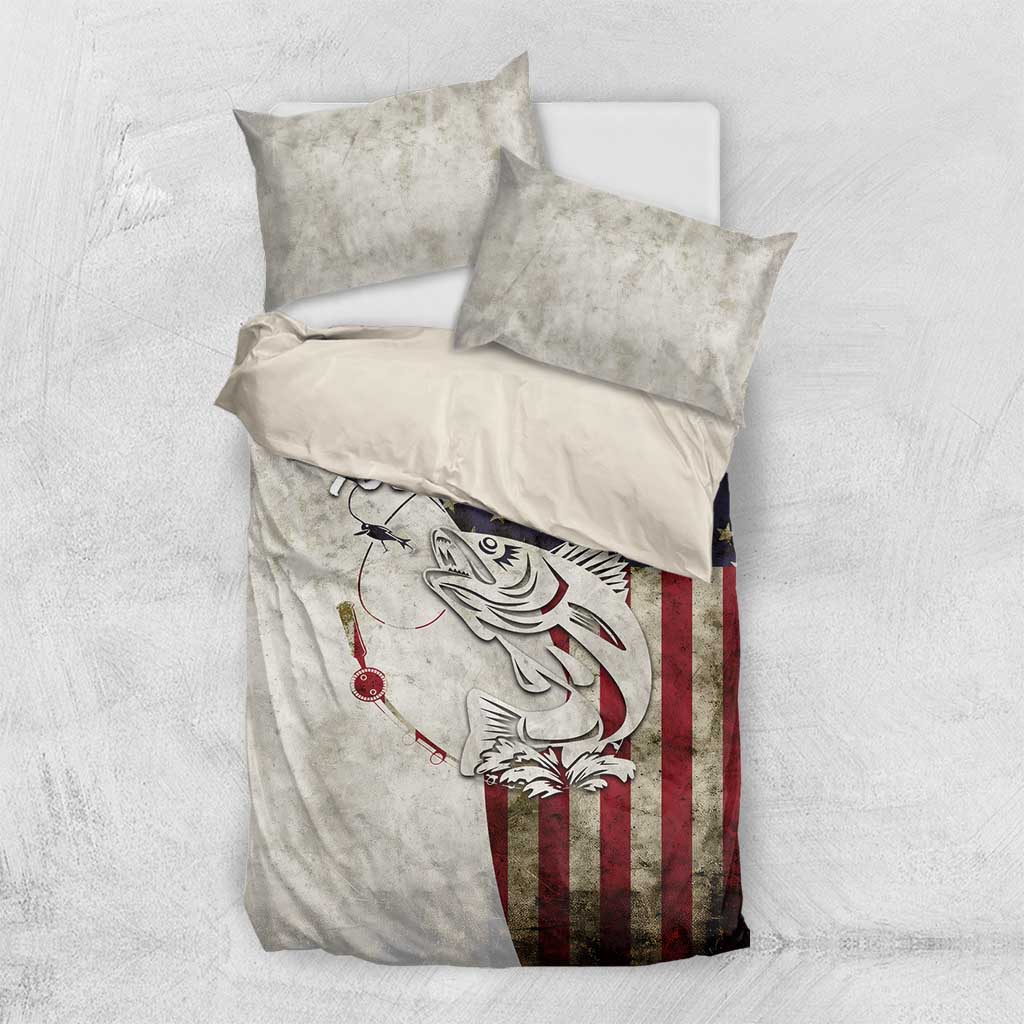 Walleye Fishing Bedding Set American Flag Vintage Design and Custom Name Option - Wonder Print Shop