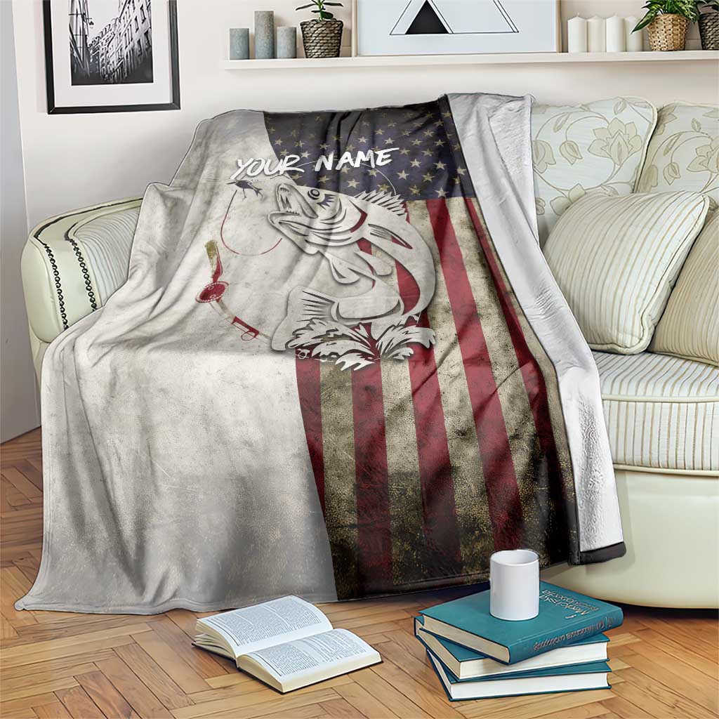Walleye Fishing Blanket American Flag Vintage Design and Custom Name Option - Wonder Print Shop