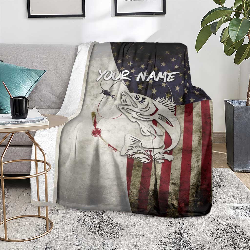 Walleye Fishing Blanket American Flag Vintage Design and Custom Name Option - Wonder Print Shop