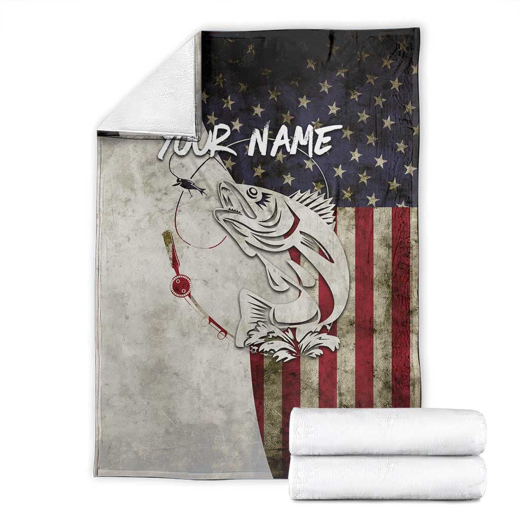 Walleye Fishing Blanket American Flag Vintage Design and Custom Name Option - Wonder Print Shop