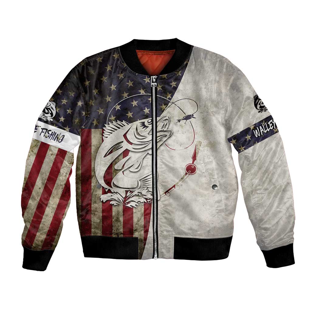 Walleye Fishing Bomber Jacket American Flag Vintage Design and Custom Name Option - Wonder Print Shop