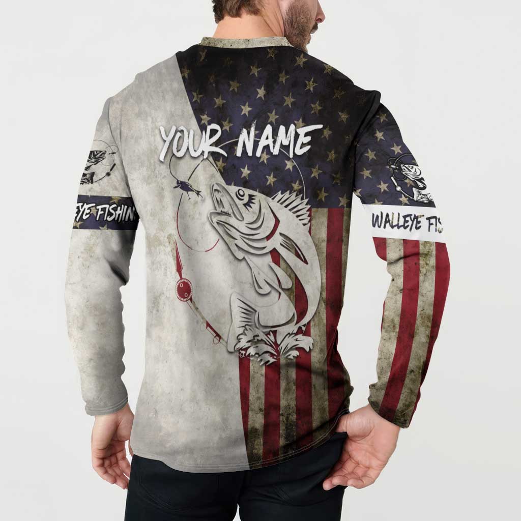 Walleye Fishing Button Sweatshirt American Flag Vintage Design and Custom Name Option - Wonder Print Shop