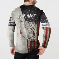 Walleye Fishing Button Sweatshirt American Flag Vintage Design and Custom Name Option - Wonder Print Shop