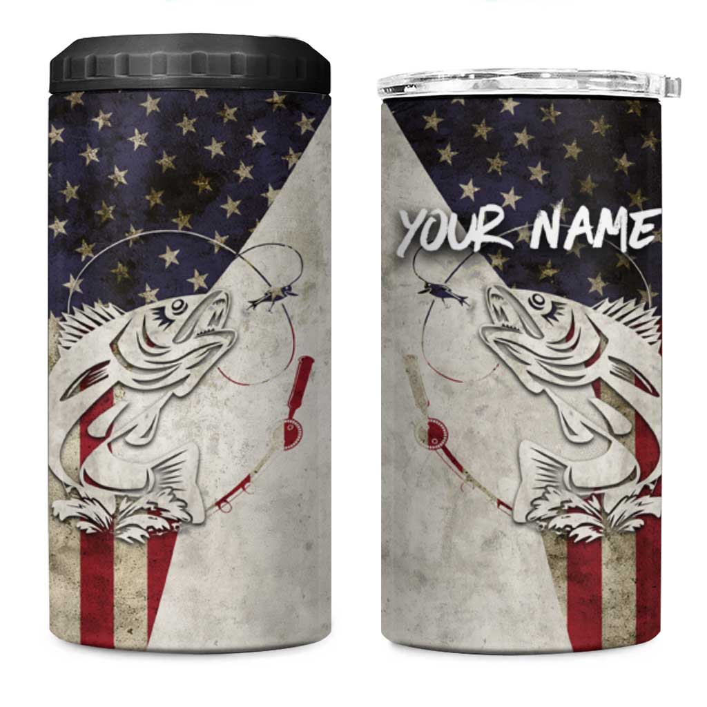 Walleye Fishing 4 in 1 Can Cooler Tumbler American Flag Vintage Design and Custom Name Option - Wonder Print Shop
