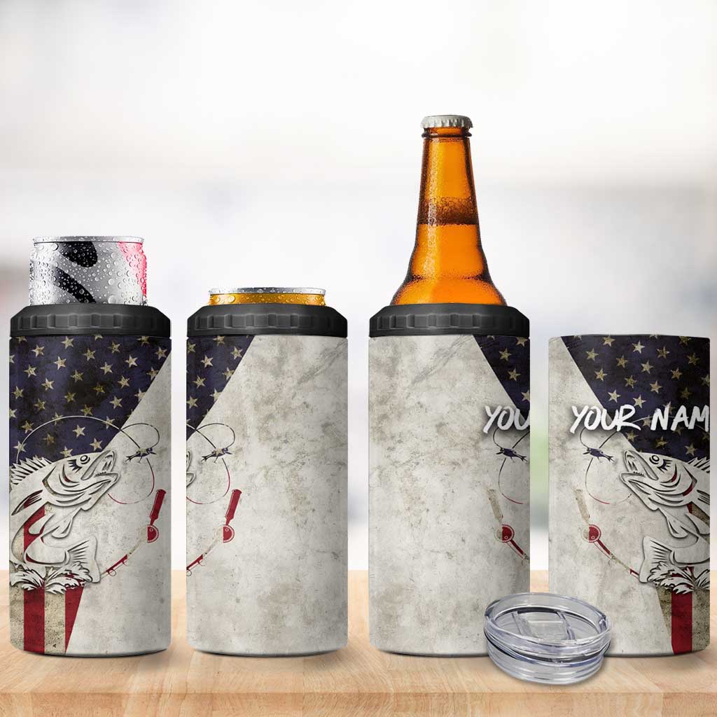 Walleye Fishing 4 in 1 Can Cooler Tumbler American Flag Vintage Design and Custom Name Option - Wonder Print Shop