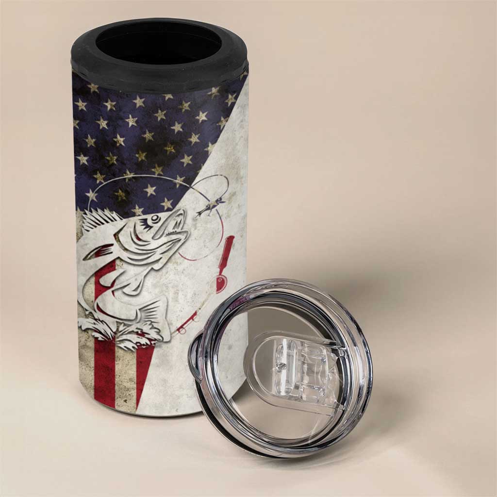 Walleye Fishing 4 in 1 Can Cooler Tumbler American Flag Vintage Design and Custom Name Option - Wonder Print Shop