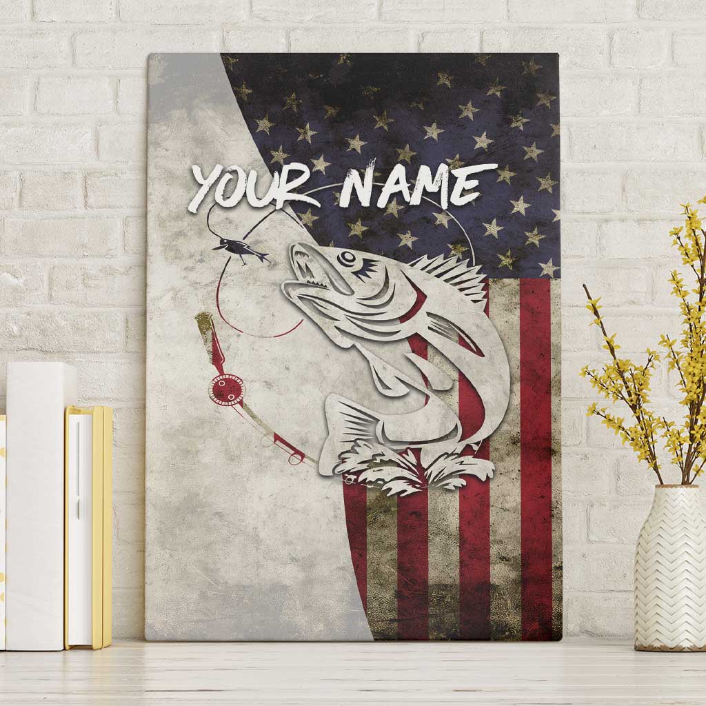 Walleye Fishing Canvas Wall Art American Flag Vintage Design and Custom Name Option - Wonder Print Shop