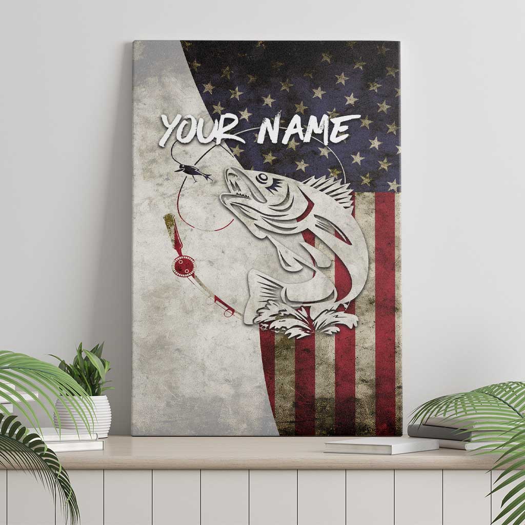 Walleye Fishing Canvas Wall Art American Flag Vintage Design and Custom Name Option - Wonder Print Shop
