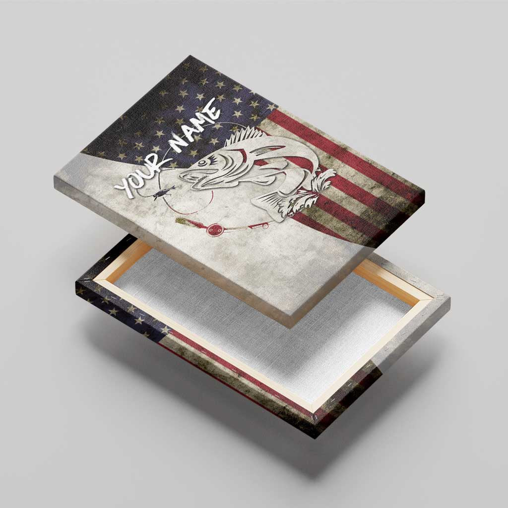 Walleye Fishing Canvas Wall Art American Flag Vintage Design and Custom Name Option - Wonder Print Shop