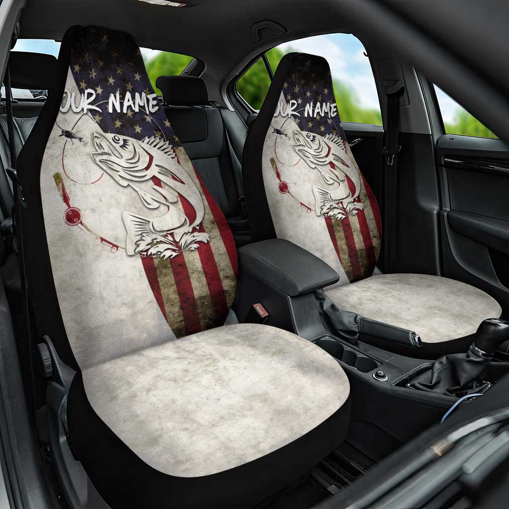 Walleye Fishing Car Seat Cover American Flag Vintage Design and Custom Name Option - Wonder Print Shop