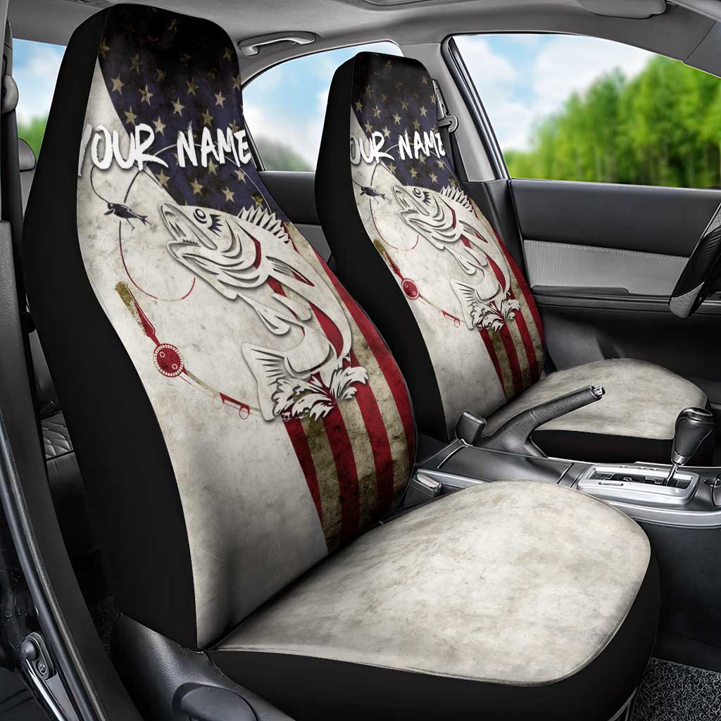 Walleye Fishing Car Seat Cover American Flag Vintage Design and Custom Name Option - Wonder Print Shop