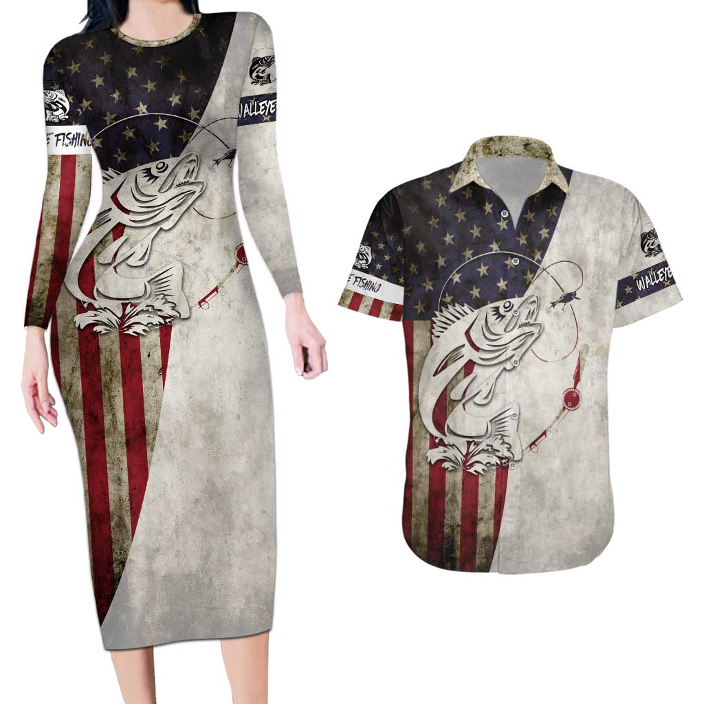 Walleye Fishing Couples Matching Long Sleeve Bodycon Dress and Hawaiian Shirt American Flag Vintage Design and Custom Name Option - Wonder Print Shop
