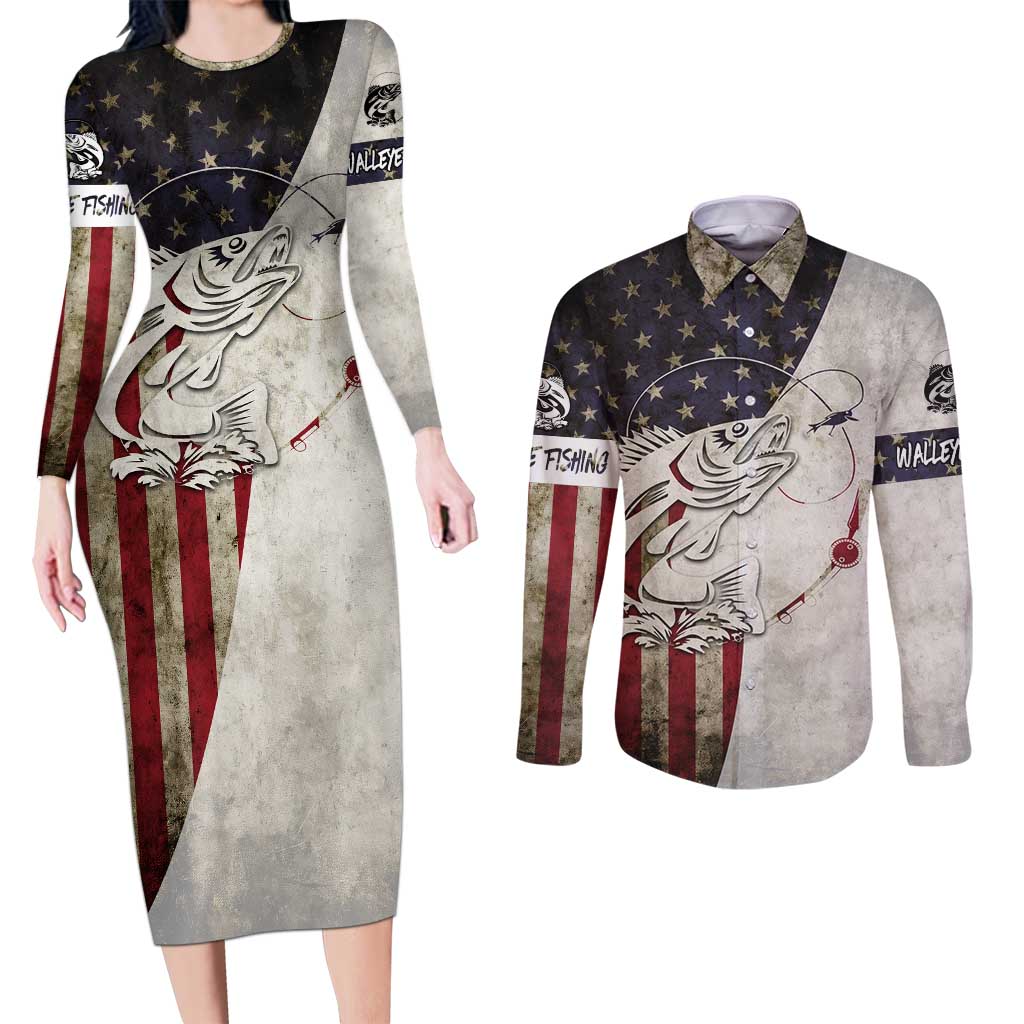 Walleye Fishing Couples Matching Long Sleeve Bodycon Dress and Long Sleeve Button Shirt American Flag Vintage Design and Custom Name Option - Wonder Print Shop