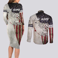 Walleye Fishing Couples Matching Long Sleeve Bodycon Dress and Long Sleeve Button Shirt American Flag Vintage Design and Custom Name Option - Wonder Print Shop