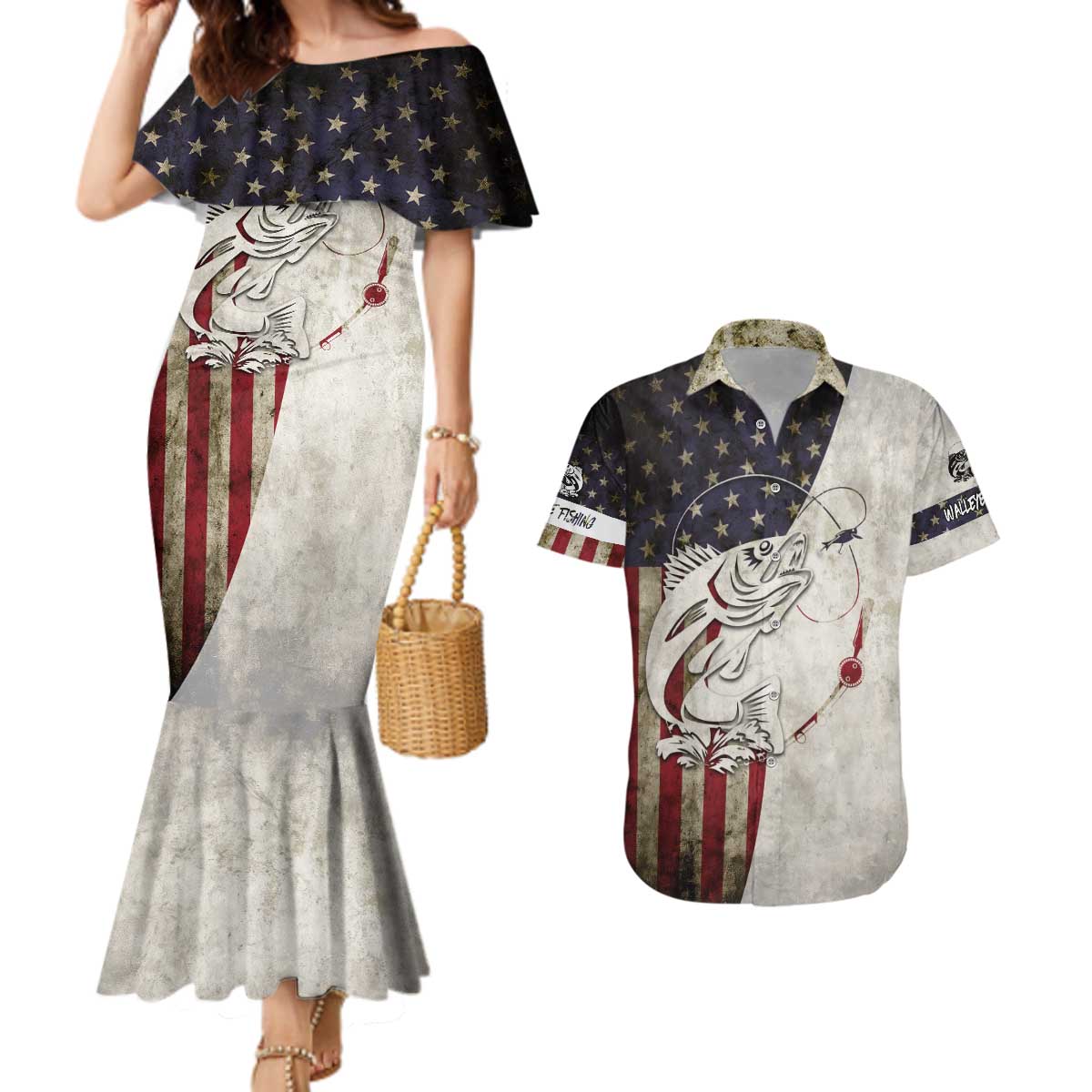 Walleye Fishing Couples Matching Mermaid Dress and Hawaiian Shirt American Flag Vintage Design and Custom Name Option - Wonder Print Shop