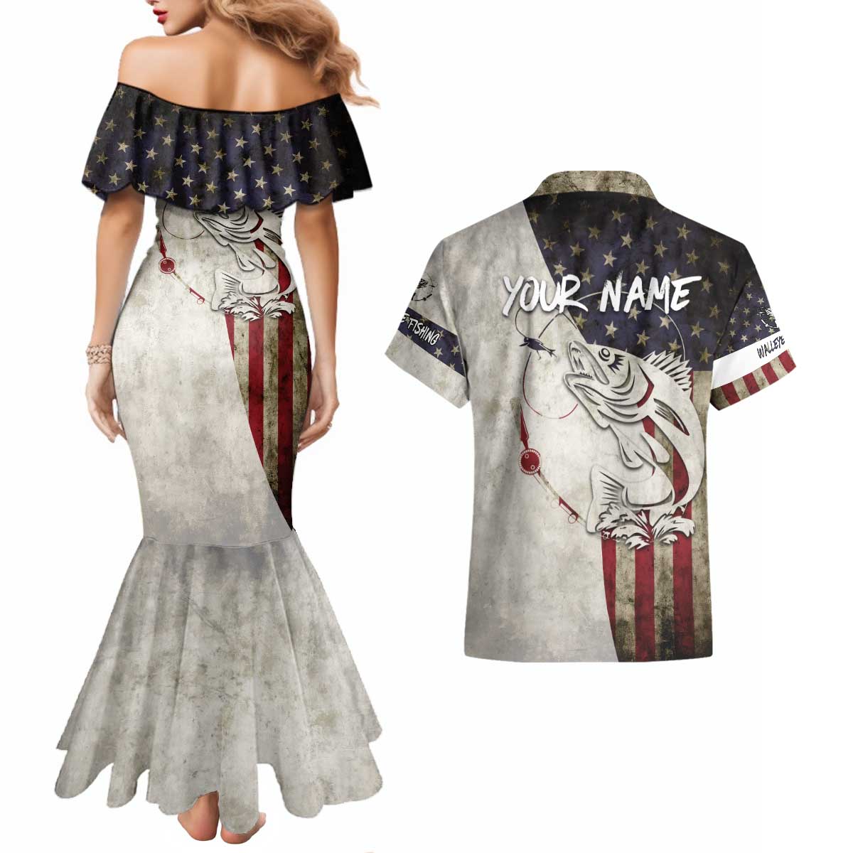 Walleye Fishing Couples Matching Mermaid Dress and Hawaiian Shirt American Flag Vintage Design and Custom Name Option - Wonder Print Shop