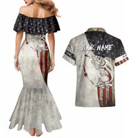 Walleye Fishing Couples Matching Mermaid Dress and Hawaiian Shirt American Flag Vintage Design and Custom Name Option - Wonder Print Shop