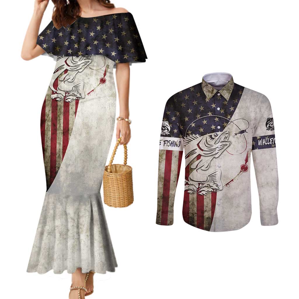Walleye Fishing Couples Matching Mermaid Dress and Long Sleeve Button Shirt American Flag Vintage Design and Custom Name Option - Wonder Print Shop