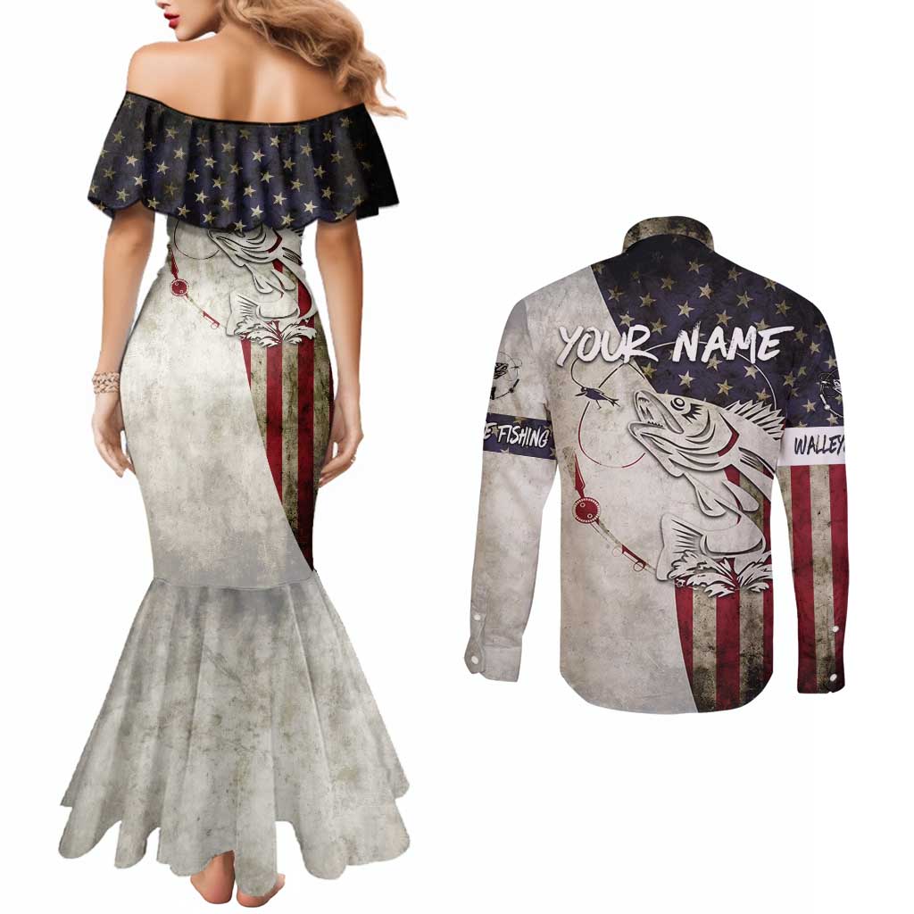 Walleye Fishing Couples Matching Mermaid Dress and Long Sleeve Button Shirt American Flag Vintage Design and Custom Name Option - Wonder Print Shop