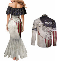 Walleye Fishing Couples Matching Mermaid Dress and Long Sleeve Button Shirt American Flag Vintage Design and Custom Name Option - Wonder Print Shop