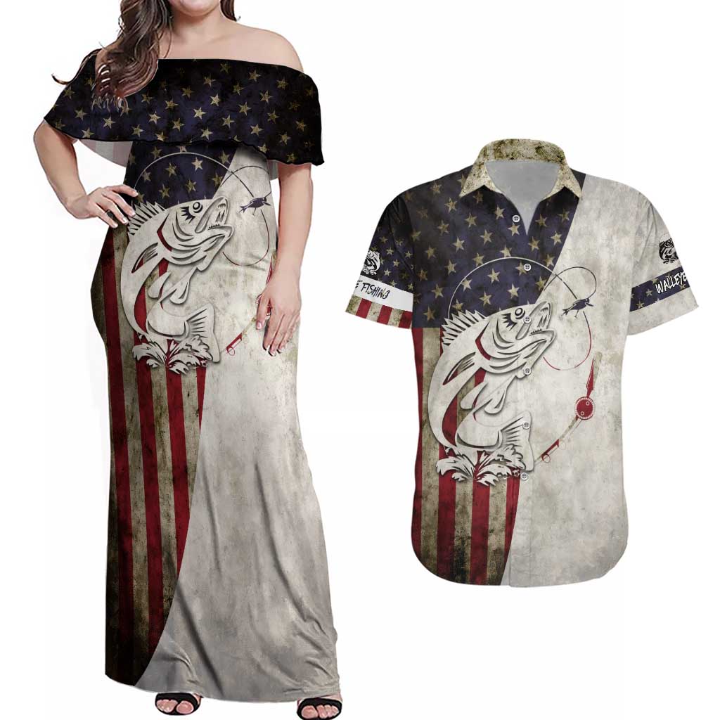 Walleye Fishing Couples Matching Off Shoulder Maxi Dress and Hawaiian Shirt American Flag Vintage Design and Custom Name Option - Wonder Print Shop