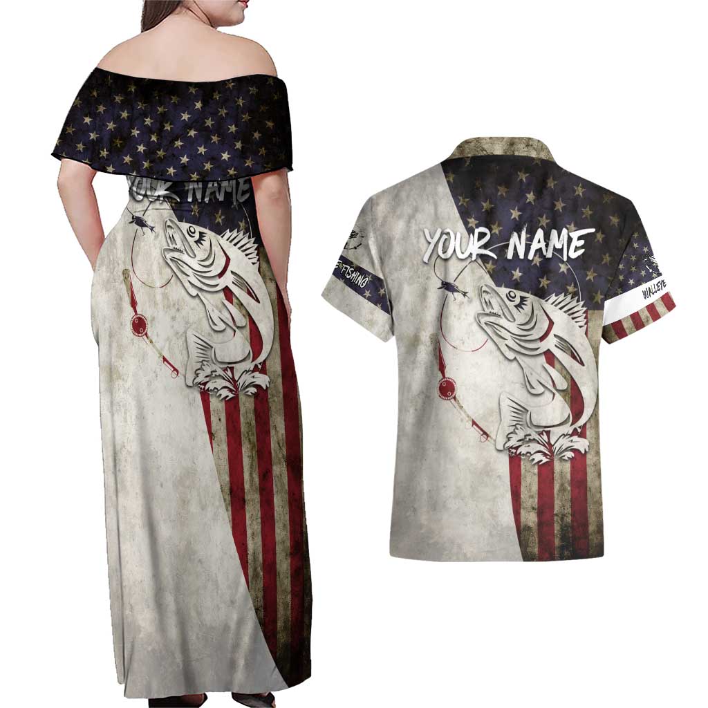 Walleye Fishing Couples Matching Off Shoulder Maxi Dress and Hawaiian Shirt American Flag Vintage Design and Custom Name Option - Wonder Print Shop