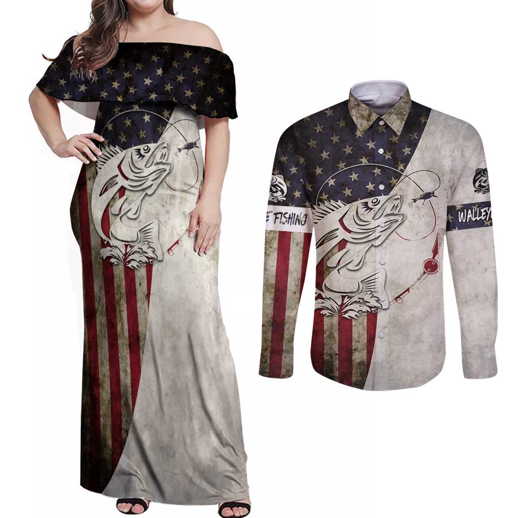 Walleye Fishing Couples Matching Off Shoulder Maxi Dress and Long Sleeve Button Shirt American Flag Vintage Design and Custom Name Option - Wonder Print Shop