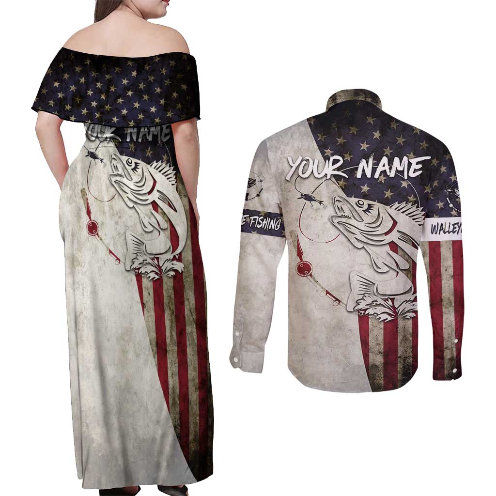 Walleye Fishing Couples Matching Off Shoulder Maxi Dress and Long Sleeve Button Shirt American Flag Vintage Design and Custom Name Option - Wonder Print Shop