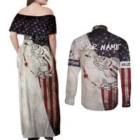 Walleye Fishing Couples Matching Off Shoulder Maxi Dress and Long Sleeve Button Shirt American Flag Vintage Design and Custom Name Option - Wonder Print Shop
