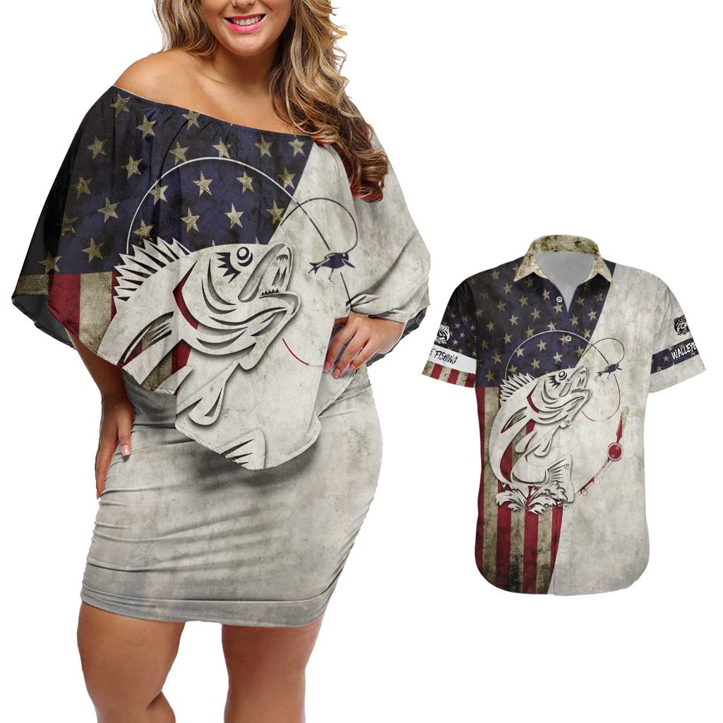 Walleye Fishing Couples Matching Off Shoulder Short Dress and Hawaiian Shirt American Flag Vintage Design and Custom Name Option - Wonder Print Shop