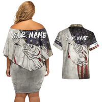 Walleye Fishing Couples Matching Off Shoulder Short Dress and Hawaiian Shirt American Flag Vintage Design and Custom Name Option - Wonder Print Shop