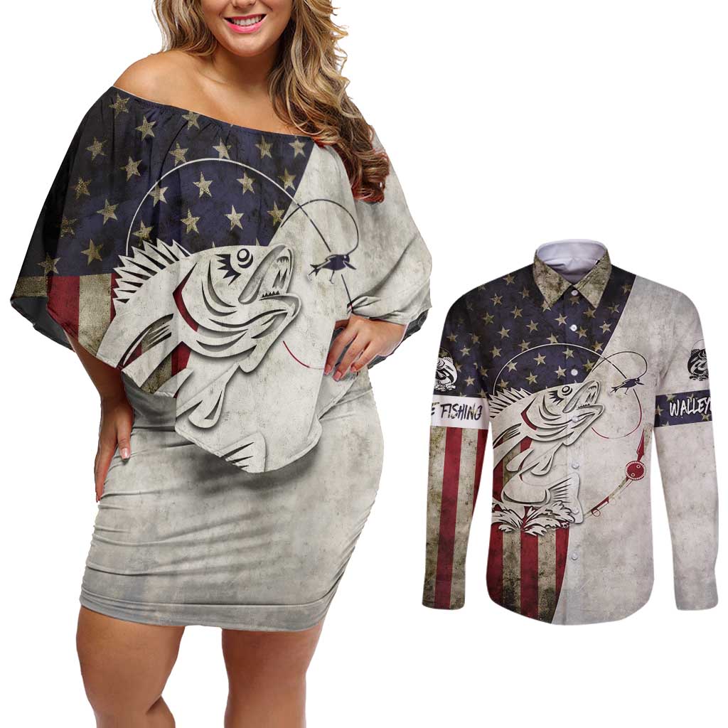Walleye Fishing Couples Matching Off Shoulder Short Dress and Long Sleeve Button Shirt American Flag Vintage Design and Custom Name Option - Wonder Print Shop