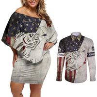 Walleye Fishing Couples Matching Off Shoulder Short Dress and Long Sleeve Button Shirt American Flag Vintage Design and Custom Name Option - Wonder Print Shop
